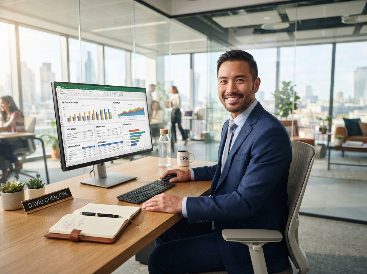 Accountant reviewing client financials at his desk