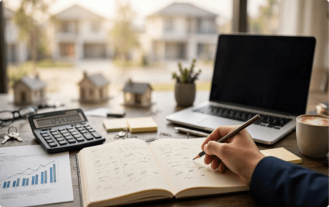 Accountant working on a laptop with model houses in the background