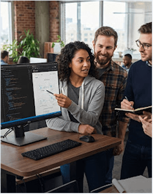 Finance team reviewing figures together on a monitor